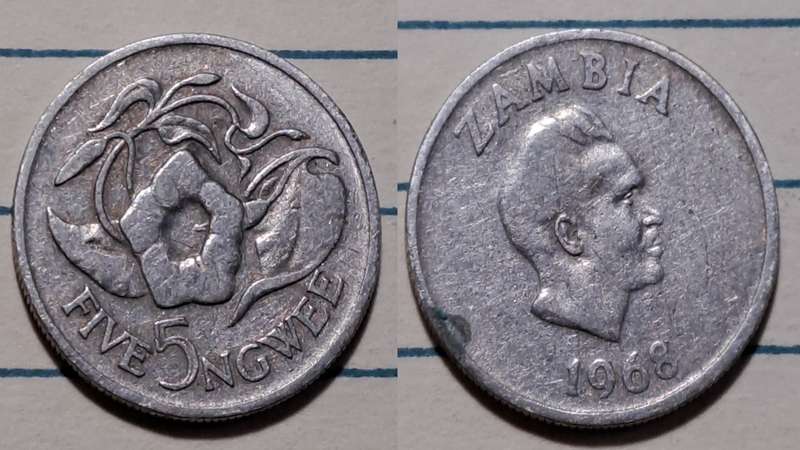 1968 - Zambia  - 5 Ngwee - Demonetised - Jul 2013  - Nickel brass