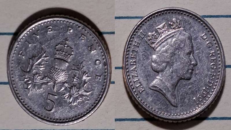 1991 - UK  - 5 Pence - Elizabeth II- Demonetised - No  - Copper-nickel"