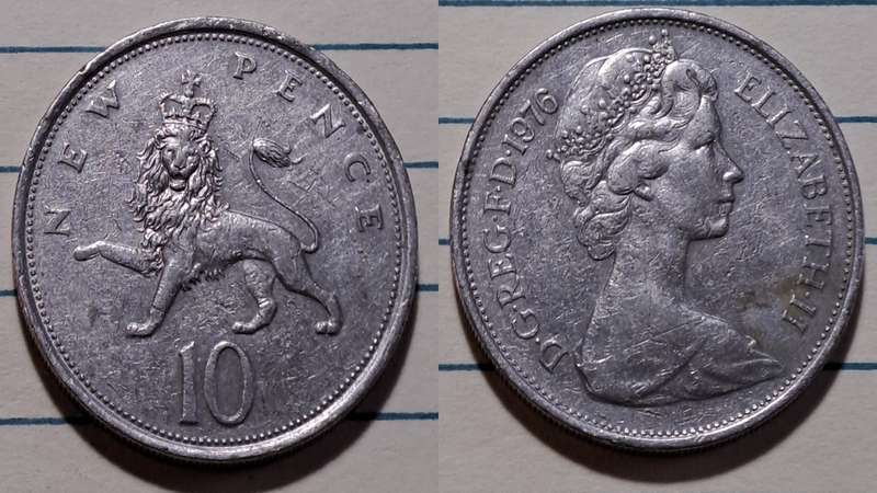 1976 - UK  - 10 Pence - Elizabeth II- Demonetised - Jun 1993  - Copper-nickel"