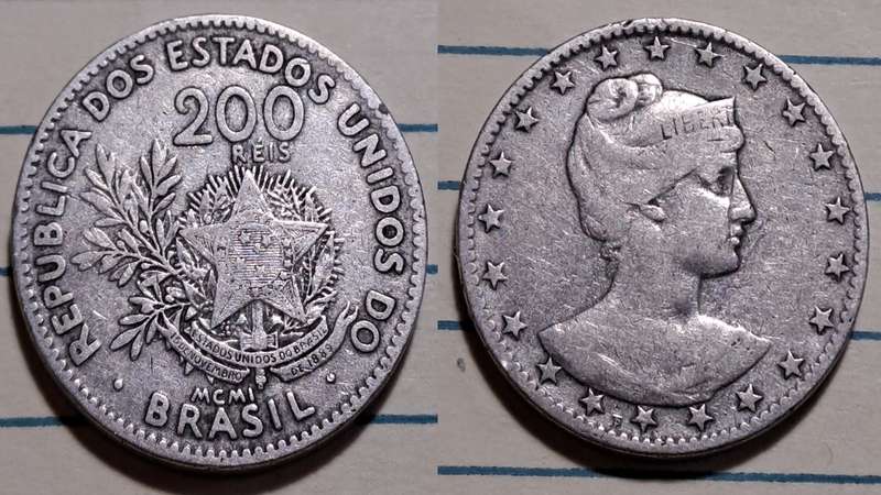 1901 - Brazil  -200 Réis Liberty -  Demonetised - Yes  - Copper-nickel
