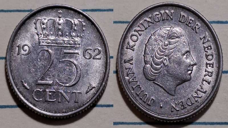 1962 - Netherlands  - 25 Cents - Juliana -  Demonetised - Feb 2002  - Nickel
