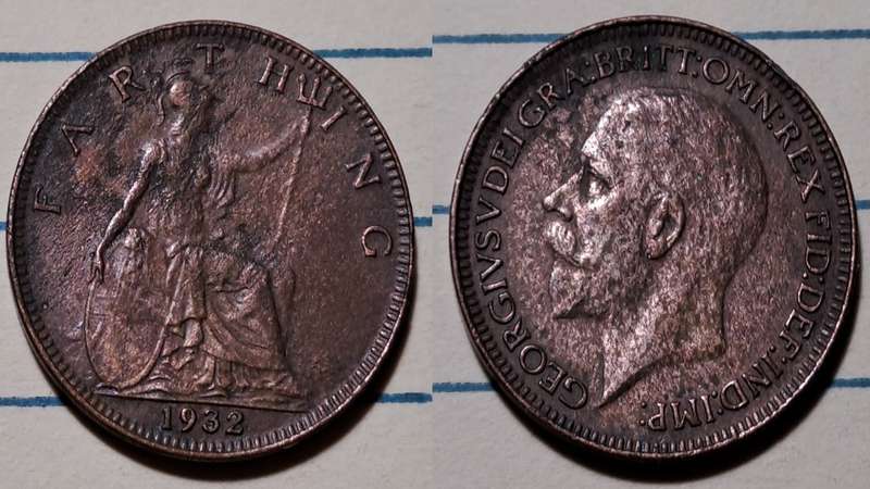 1932 - UK - 1 Farthing - George V  -  Demonetised - Dec 1960  - Bronze