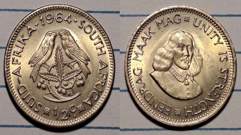 1964 - South Africa  - ½ Cent  - UNC - Jan van Riebeeck/Eendrag maak mag * Unity is strength - Brass