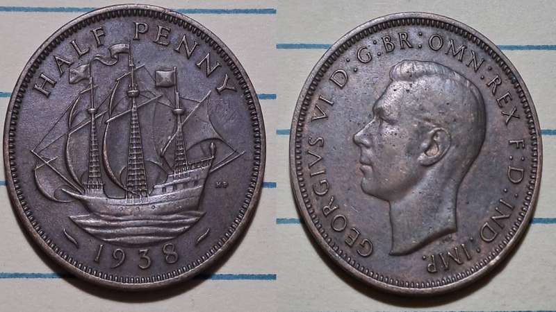 1938 - UK  - ½ Penny - George VI - Demonetised - Aug 1969  - Brass