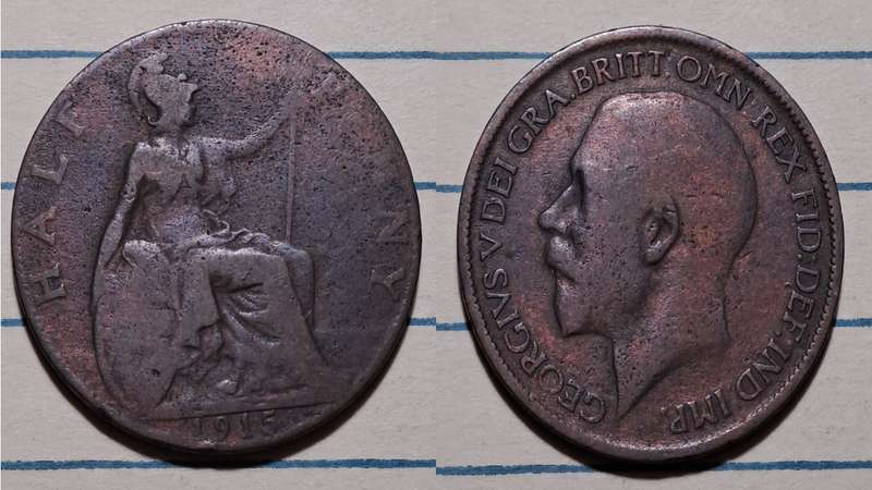1915 - UK  - ½ Penny - George V - Demonetised - Aug 1969  - Bronze