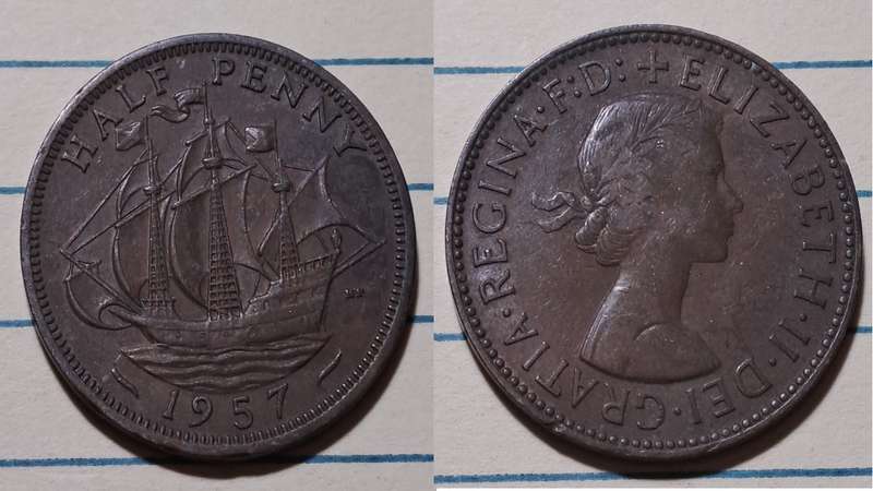 1957 - UK  -½ Penny - Elizabeth II - Demonetised - Aug 1969  - Brass