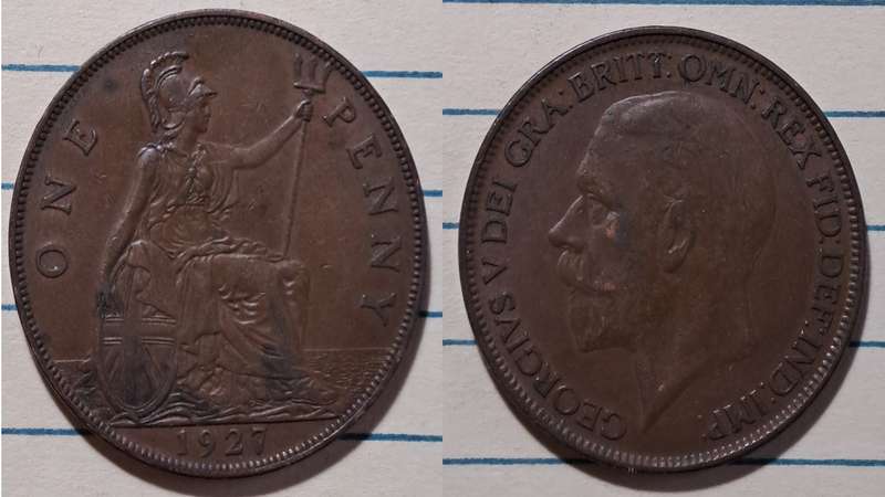 1927 - UK -  1 Penny - George V -  Demonetised - Aug 1971  - Bronze