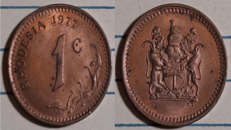 1977 - Rhodesia - AU/UNC - 1 Cent - Demonetised - Yes - Bronze