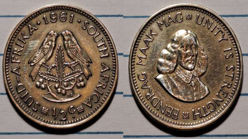 1961 - South Africa  - ½ Cent  - Cleaned - Jan van Riebeeck/Eendrag maak mag * Unity is strength - B
