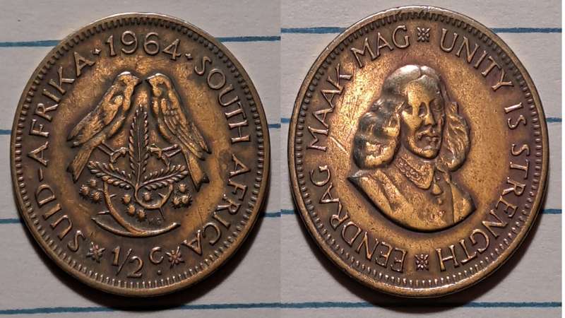 1964 - South Africa  - ½ Cent  - Cleaned - Jan van Riebeeck/Eendrag maak mag * Unity is strength - B