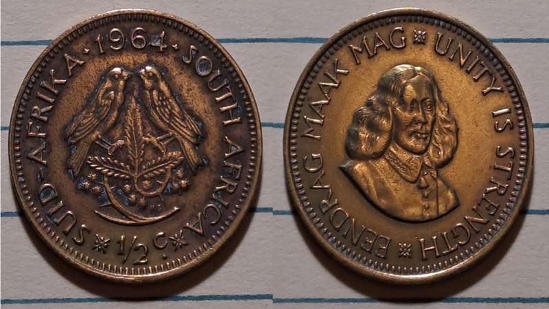 1964 - South Africa  - ½ Cent  - Cleaned - Jan van Riebeeck/Eendrag maak mag * Unity is strength - B