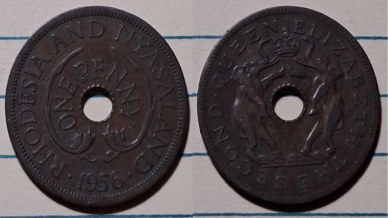 1956 - Rhodesia and Nyasaland - 1 Penny - Elizabeth II - Demonetised - Jan 1973 -  Bronze