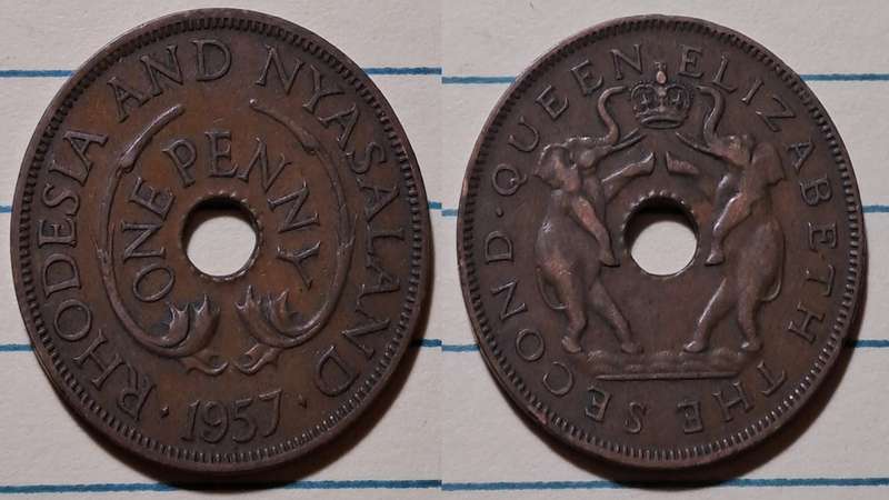 1957 - Rhodesia and Nyasaland - 1 Penny - Elizabeth II - Demonetised - Jan 1973 -  Bronze