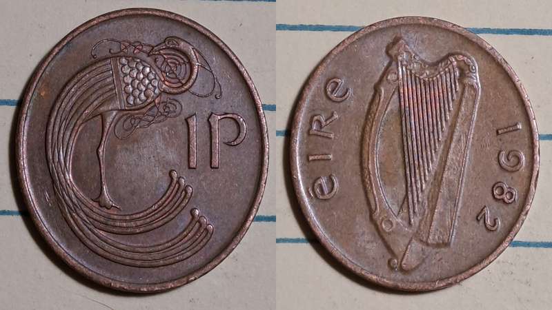 1982 - Ireland  - 1 Penny non-magnetic -  Demonetised - Feb 2002  - Copper plated steel