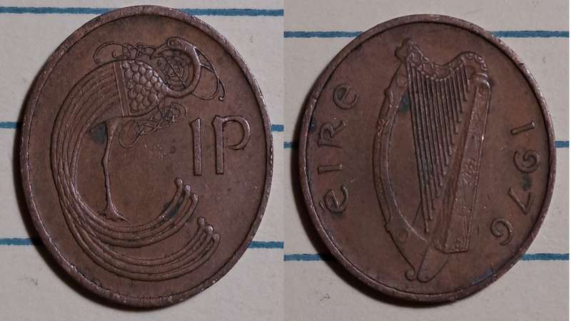 1976 - Ireland  - 1 Penny non-magnetic -  Demonetised - Feb 2002  - Copper plated steel