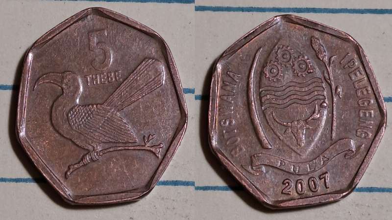 2007 - Botswana  - 5 Thebe -  Demonetised - Jul 2014  -Copper plated steel