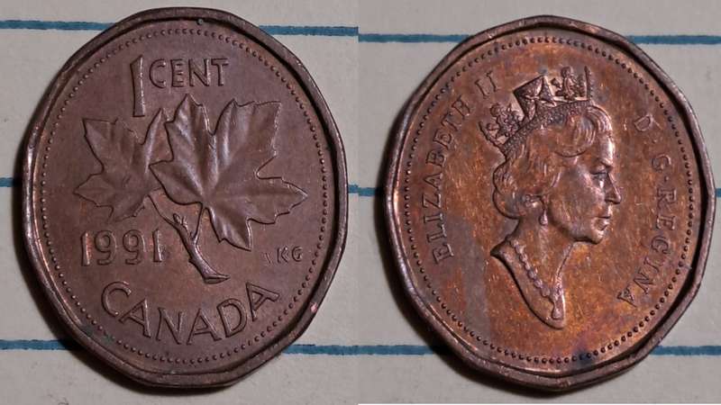 1991 - Canada  - 1 Cent - Elizabeth II 3rd portrait, 12 sided -  Demonetised - No  - Bronze