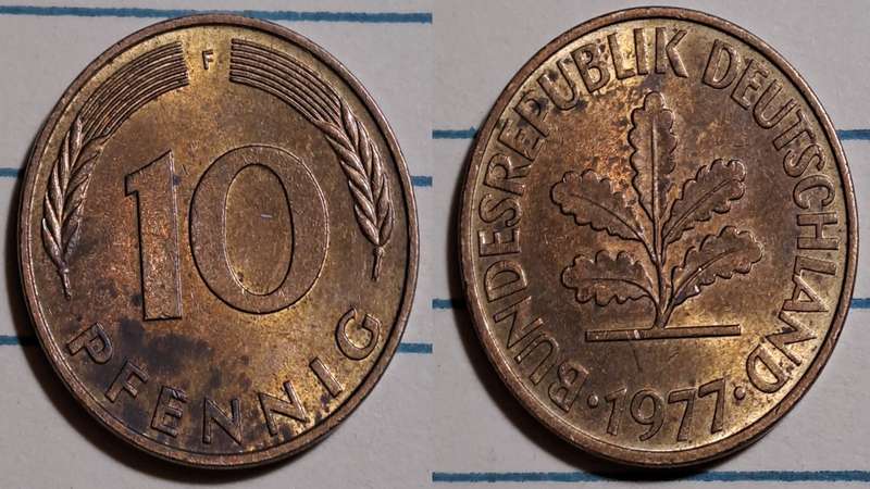 1977 F - Germany  - 10 Pfennigs -  Demonetised - Dec 2001  - Brass clad steel