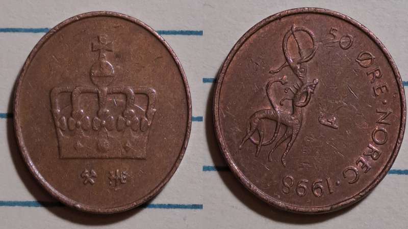 1998 - Norway  - 50 Øre - Harald V -  Demonetised - May 2012  - Bronze