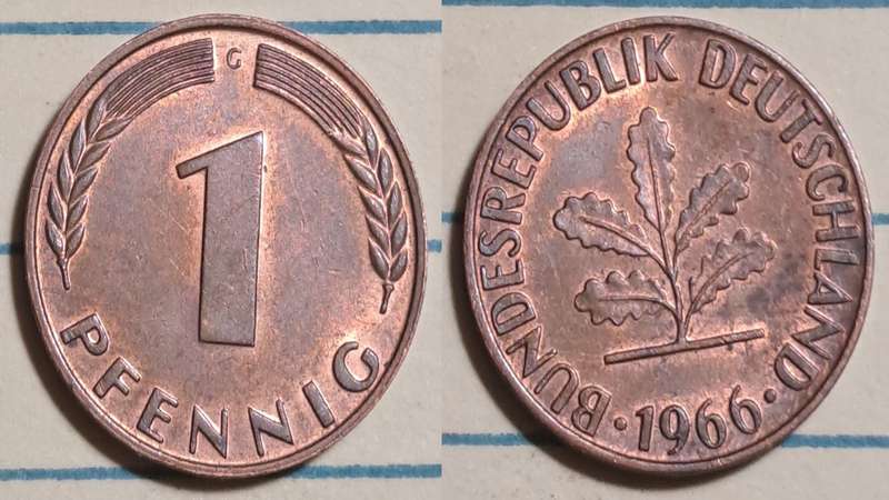 1966 G - Germany  - 1 Pfennig -  Demonetised - Dec 2001  - Copper clad iron