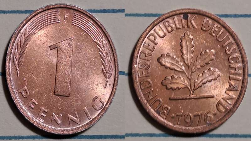 1976 F - Germany  - 1 Pfennig -  Demonetised - Dec 2001  - Copper clad iron