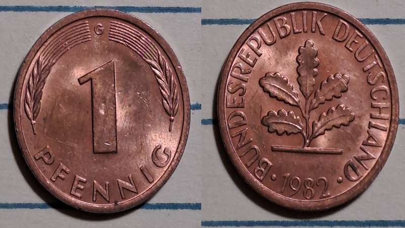 1982 G - Germany  - 1 Pfennig -  Demonetised - Dec 2001  - Copper clad iron