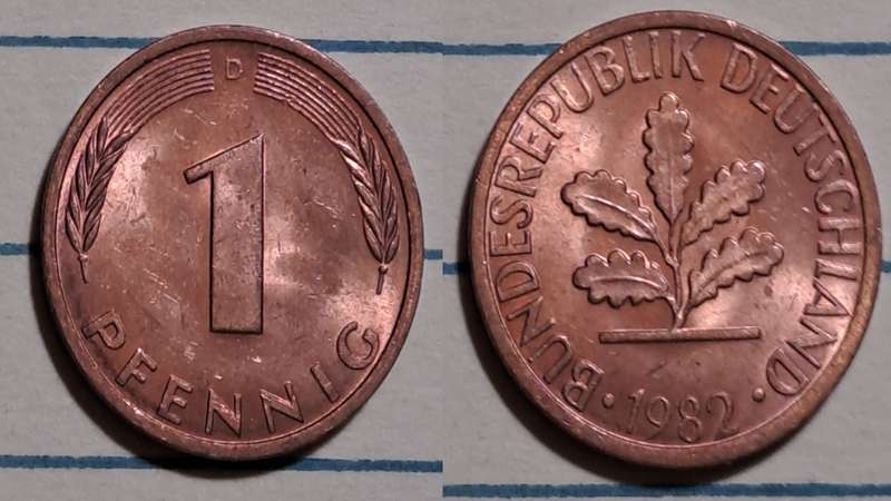 1982 D - Germany  - 1 Pfennig -  Demonetised - Dec 2001  - Copper clad iron
