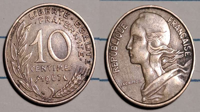 1967 - France  - 10 Centimes - Demonetised - Feb 2002  - Copper-aluminium-nickel