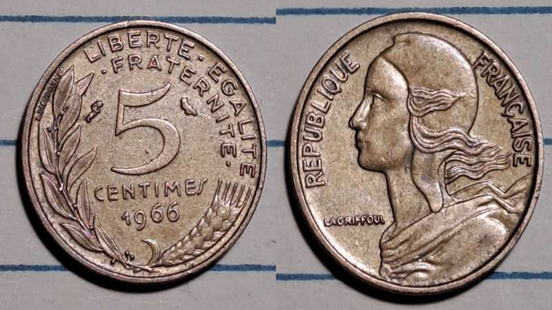 1966 - France  - 5 Centimes - Demonetised - Feb 2002  - Copper-aluminium-nickel
