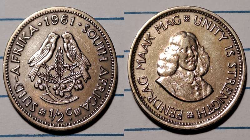 1961 - South Africa  - ½ Cent  - AU/UNC - Jan van Riebeeck/Eendrag maak mag * Unity is strength - Br