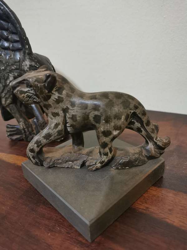 Eagle and Leopard Stone Carving Pair