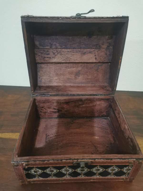 Vintage Wooden Box with Leather Trim and Brass