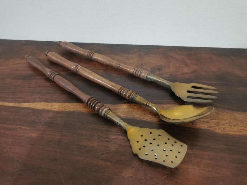 Vintage Brass and Wood Utensil Display Set