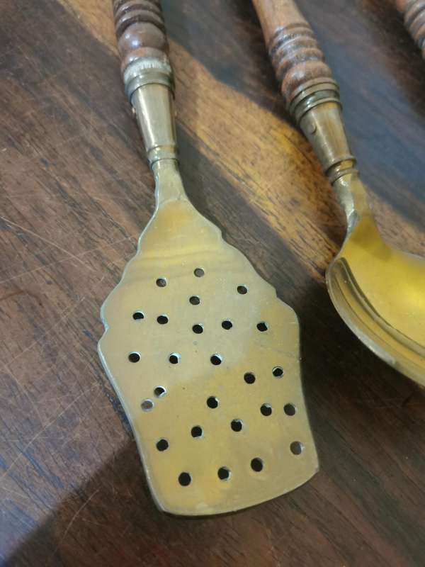 Vintage Brass and Wood Utensil Display Set