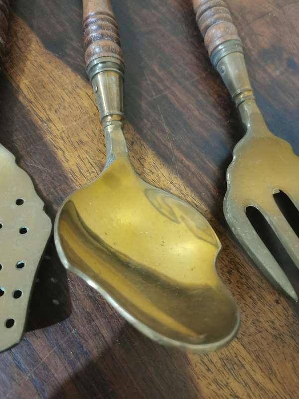 Vintage Brass and Wood Utensil Display Set