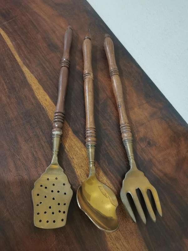 Vintage Brass and Wood Utensil Display Set