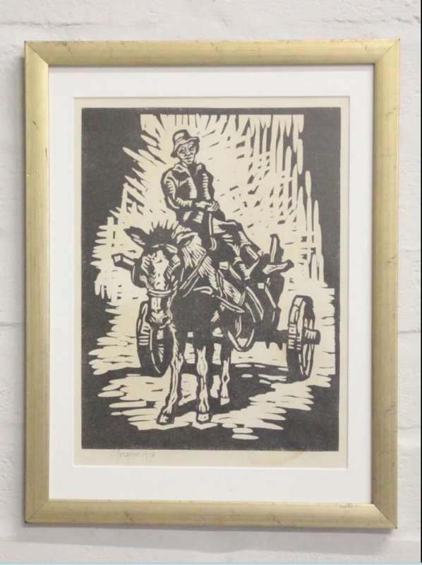 Gregoire Boonzaier, Linocut, 1978, "Man op dankiekar".