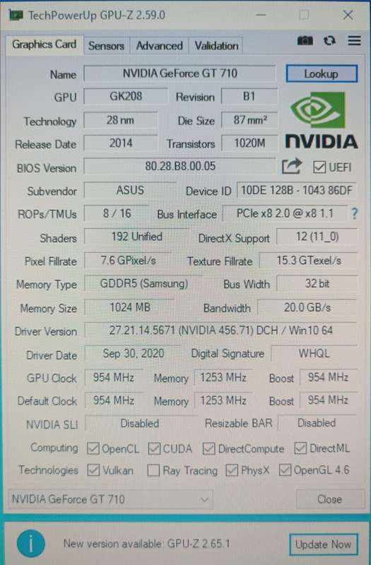 Asus NVidia GT 710 GPU