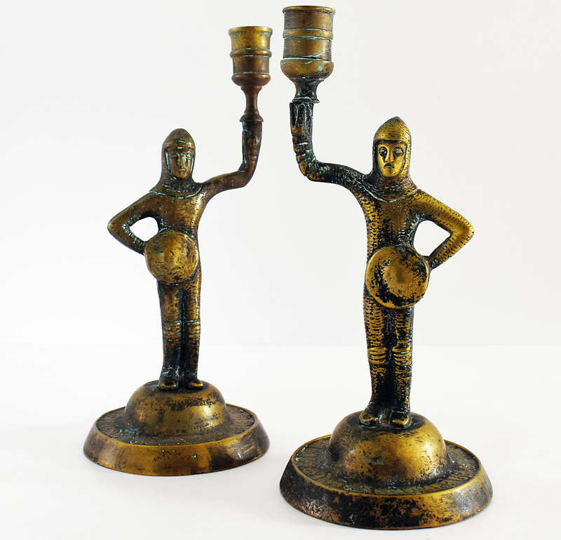 Pair of vintage solid brass medieval knight candlestick holders