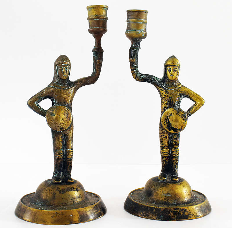 Pair of vintage solid brass medieval knight candlestick holders