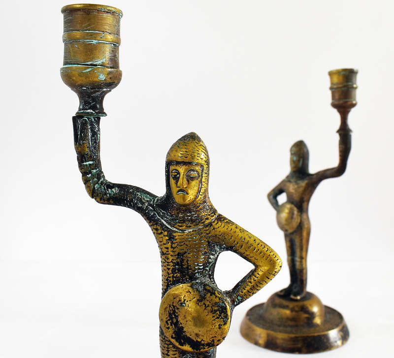 Pair of vintage solid brass medieval knight candlestick holders