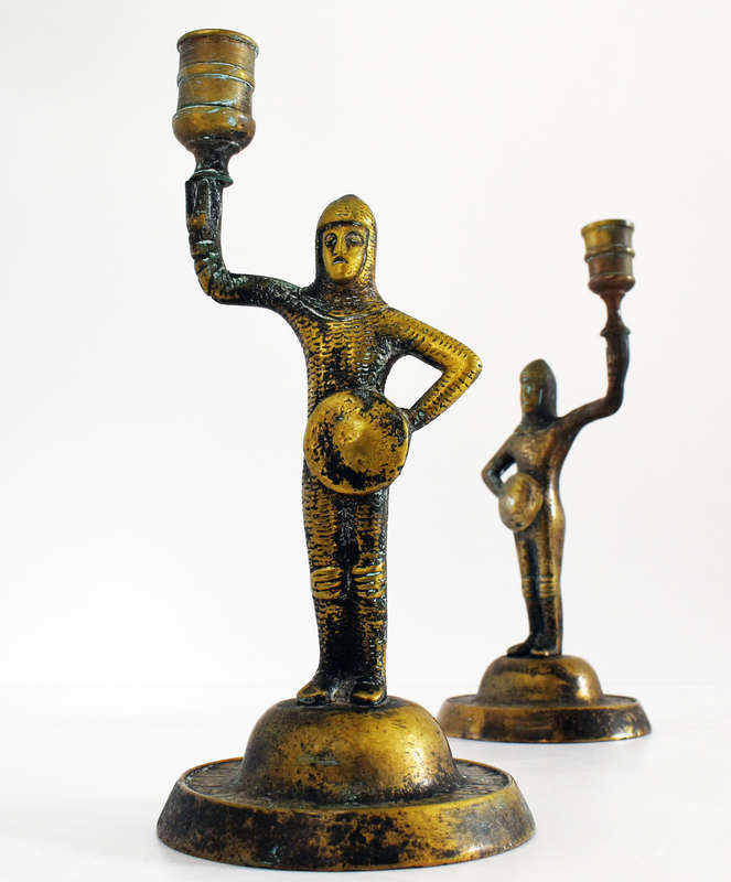 Pair of vintage solid brass medieval knight candlestick holders