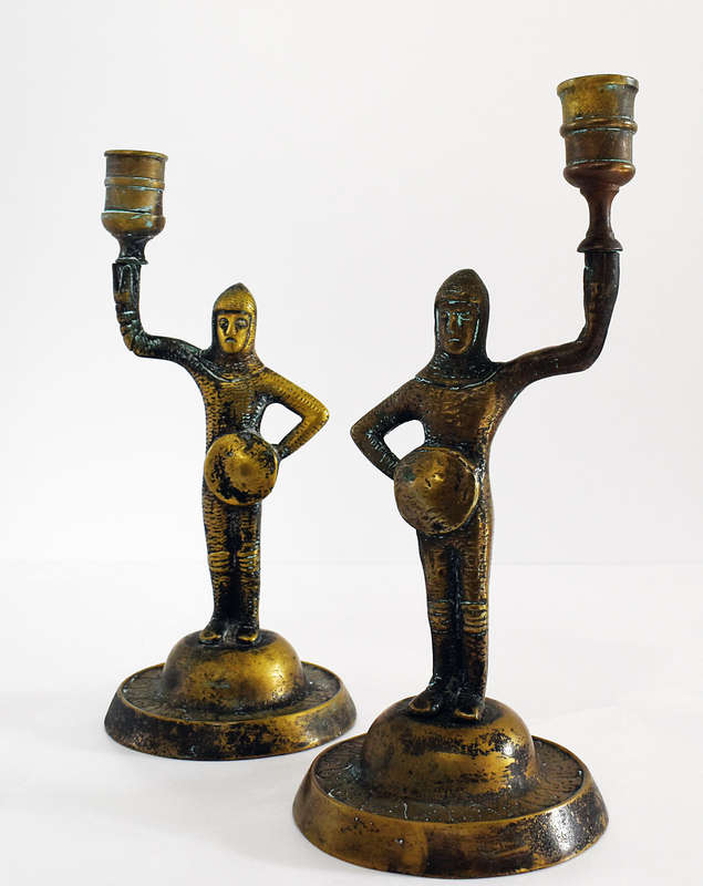 Pair of vintage solid brass medieval knight candlestick holders