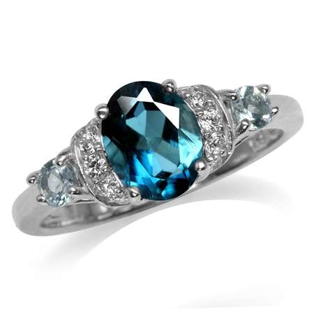 Sterling silver ring - LONDON BLUE, SKY BLUE & WHITE TOPAZ (size 9 / R half)