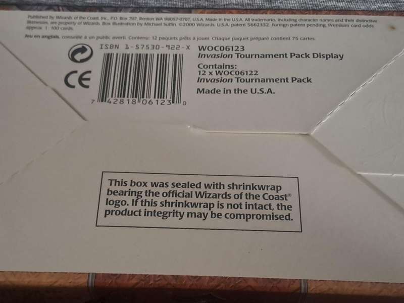 Magic The Gathering Invasion Tournament Pack box (has 12 tournament packs inside)