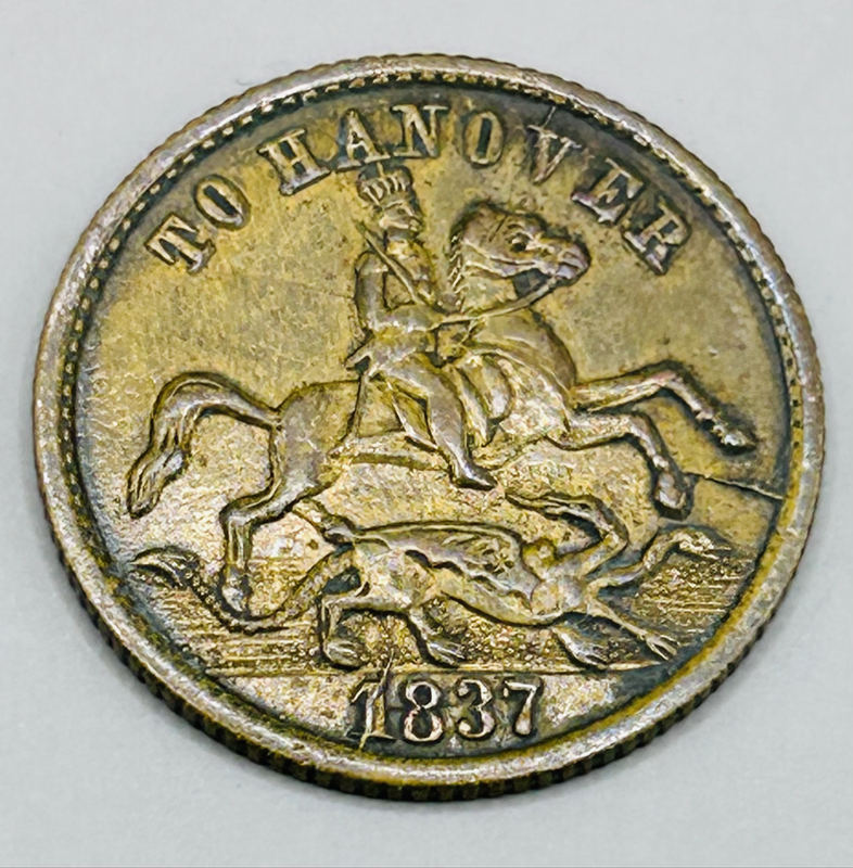 To Hanover" satirical token, also known as a Cumberland Jack, from 1837