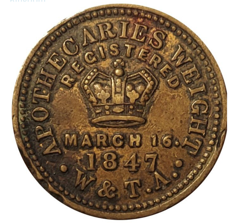 1847 - 2 Drams Apothecar TOKEN REGISTERED MARCH 16, 1847 SCARES