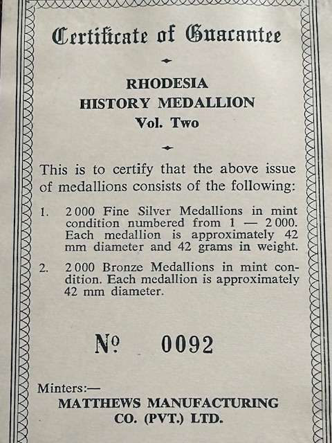 RHODESIA HISTORY MEDALLION VOL. 2 (42 GRAMS PURE 99.9 SILVER) IN ORIGINAL HOLDER SEALEDRHODESIA HIST