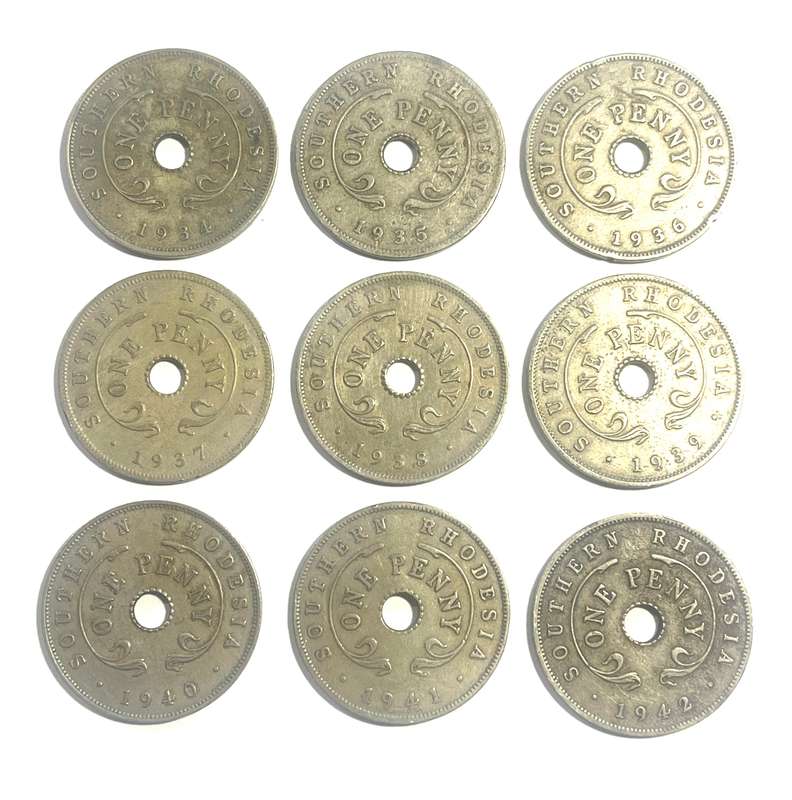 Full set of Rhodesia One Penny 1934-1942 copper-nickel