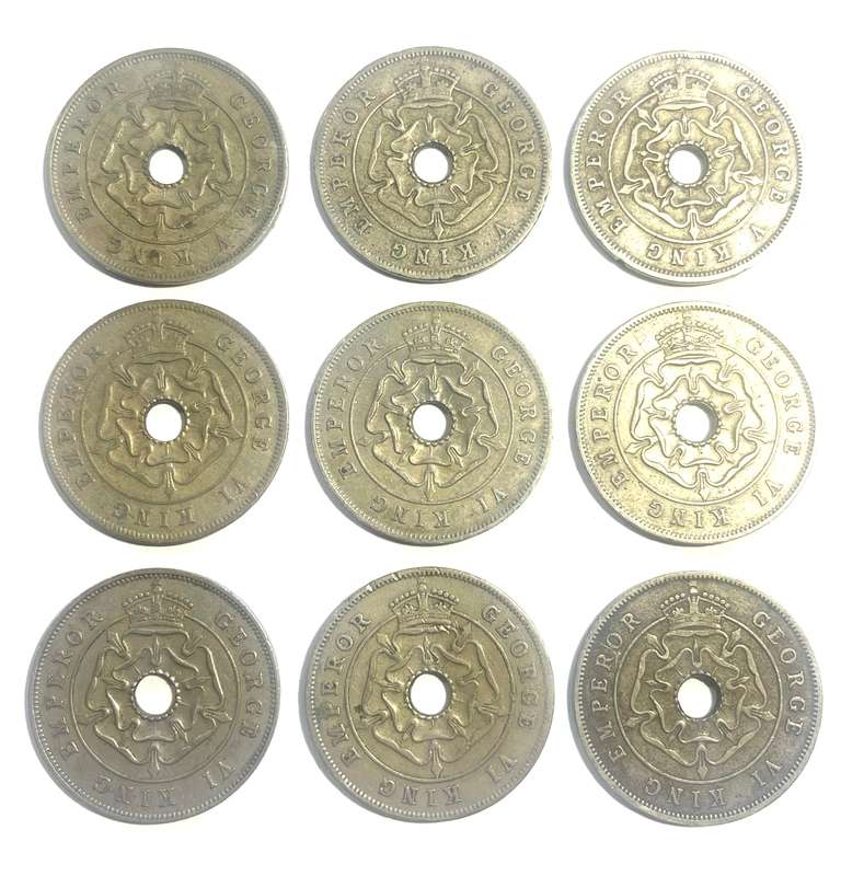 Full set of Rhodesia One Penny 1934-1942 copper-nickel